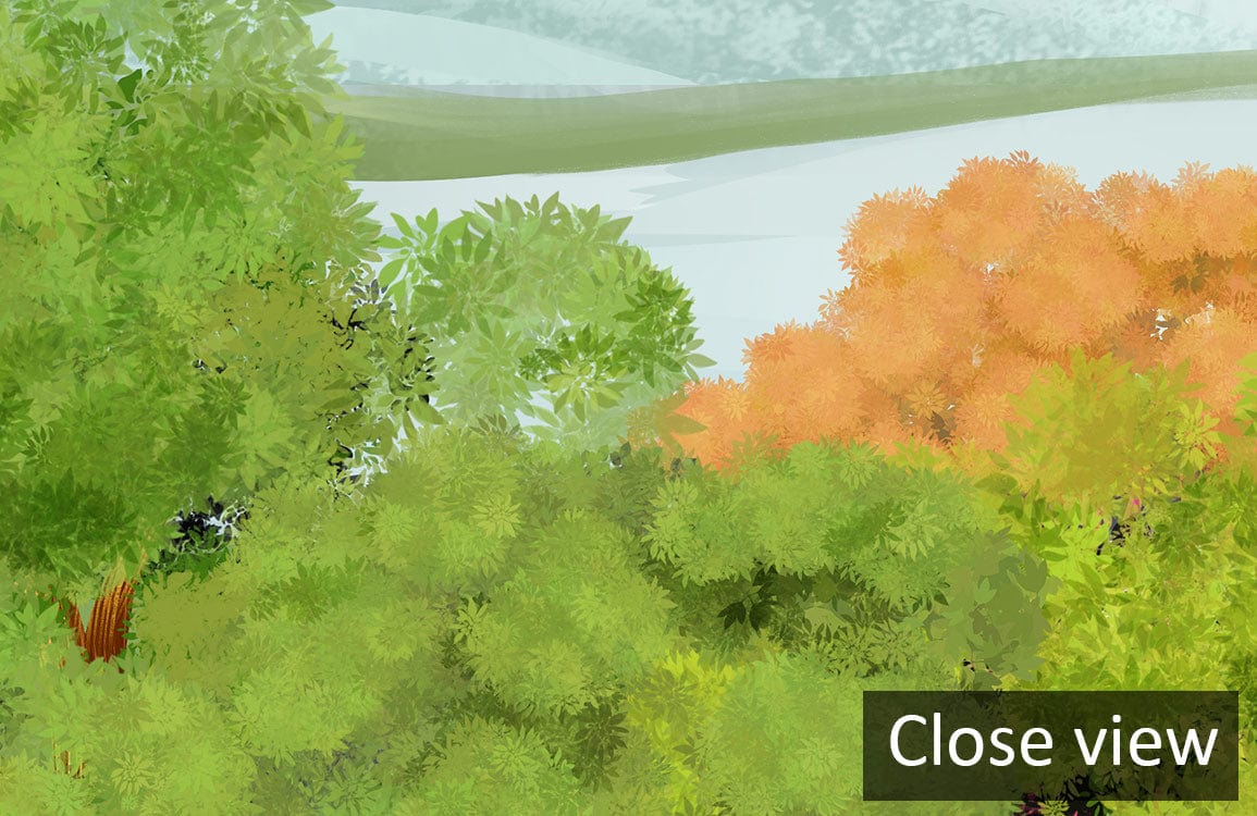 Tranquil Green Forest Landscape Mural Wallpaper, mountain scenery, soft pastel hues, close-up view.