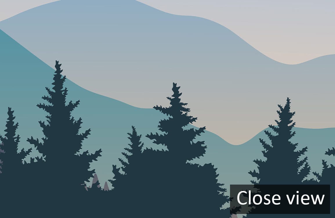 Tranquil Mountain Sunset Mural Wallpaper, serene blues, greens, pine trees, artistic wall design.