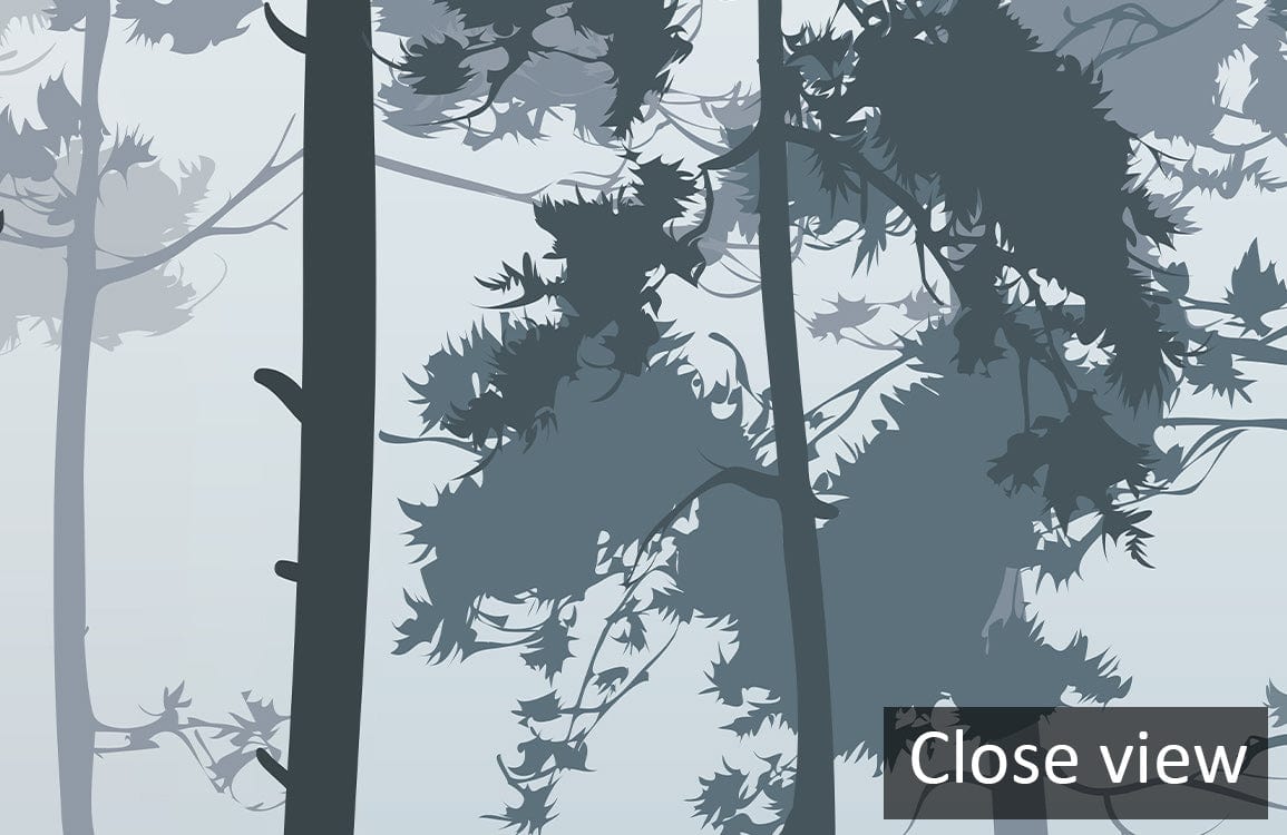 Enchanted Misty Forest grey-blue scenic mural wallpaper, close view; nature-inspired design for walls.