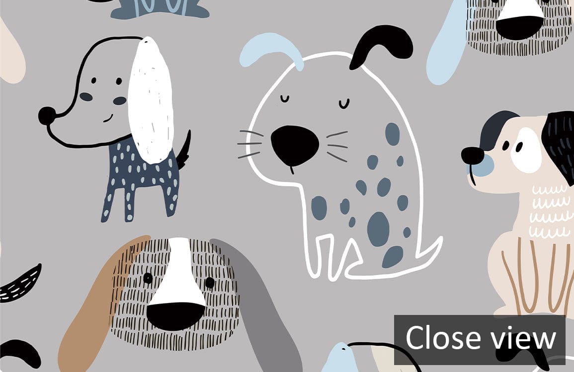 Playful canine-themed grey wallpaper with whimsical dog patterns; ideal for children's room decor.