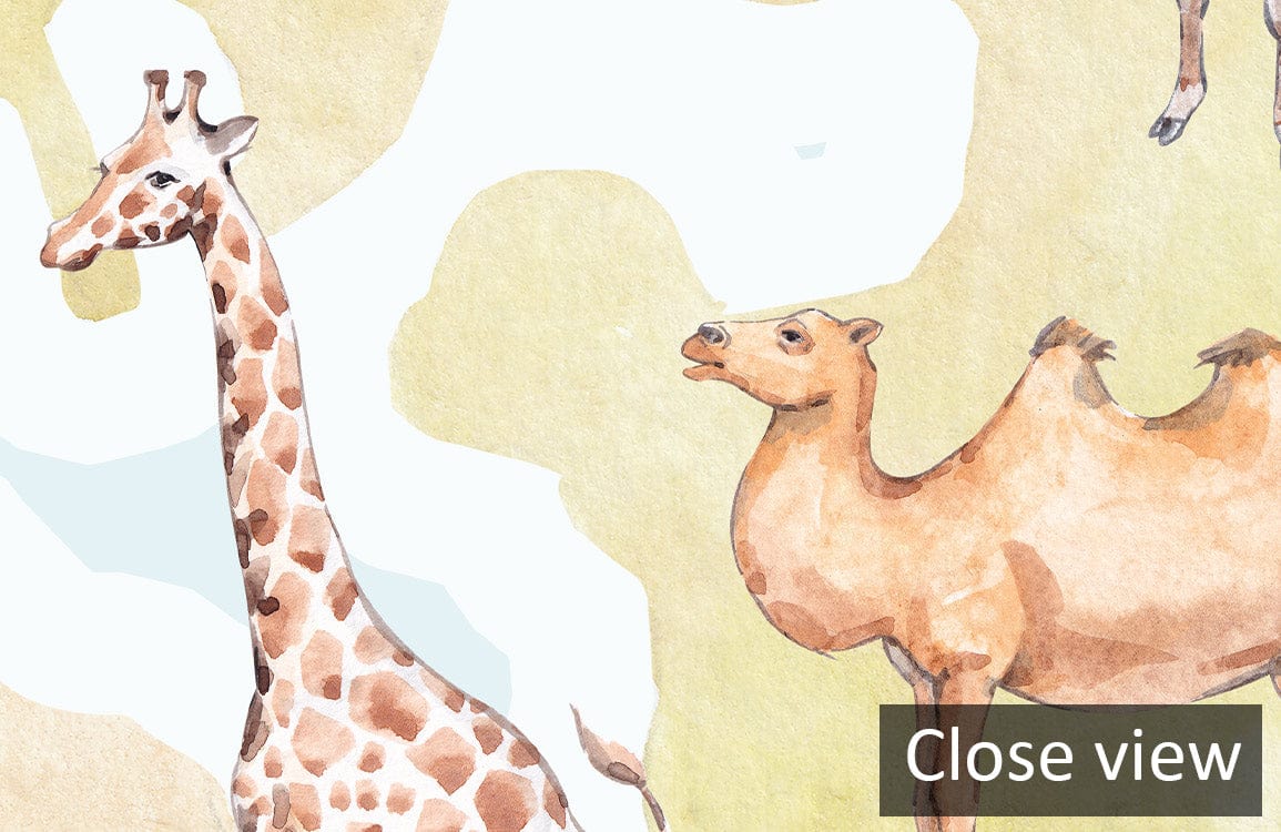 Close-up of Children's Animal World Map Mural Wallpaper featuring giraffe and camel illustrations.