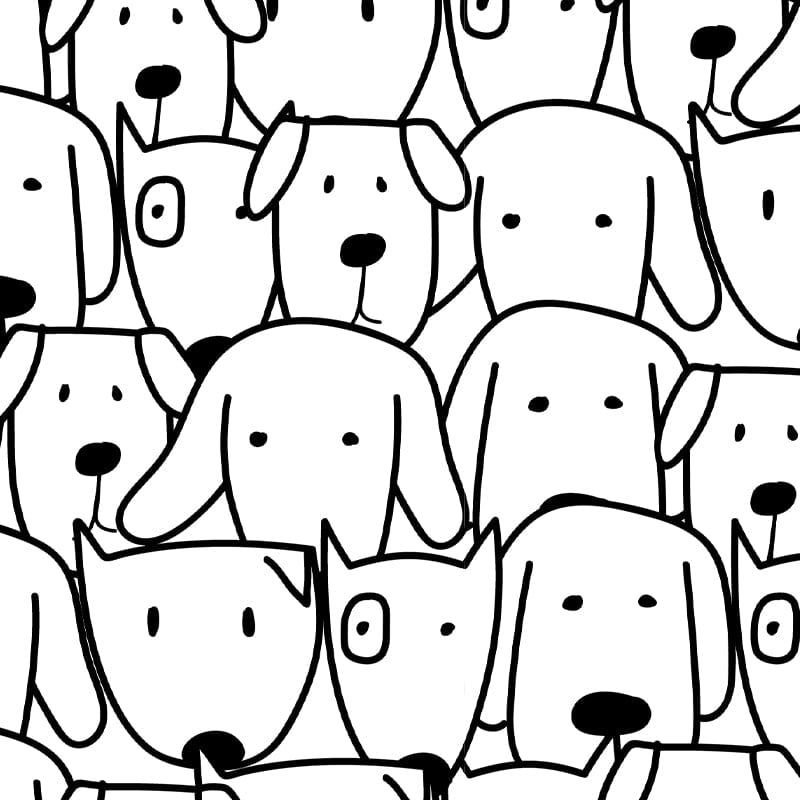 Monochrome dog doodle wallpaper featuring black and white design, ideal for modern living room walls.