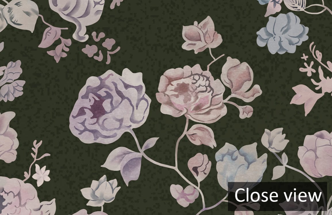 Vintage Floral Elegance romantic blossom wallpaper, dark green pattern with pink and blue flowers. Close view.