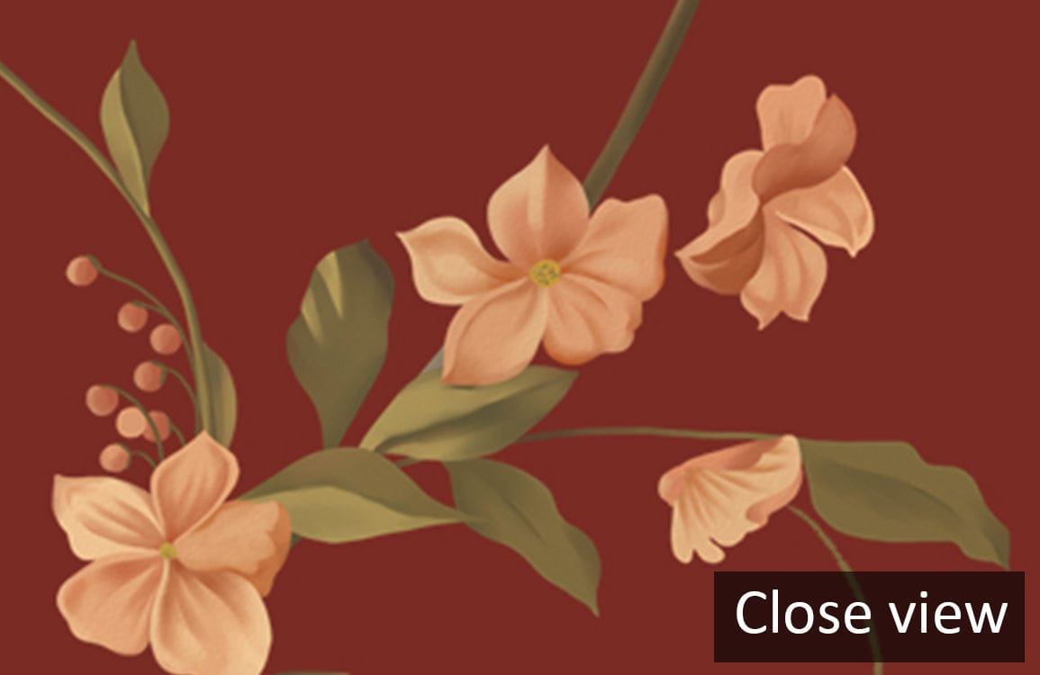 Elegant vintage floral wallpaper, rich maroon background; classic botanical design; close-up detail.