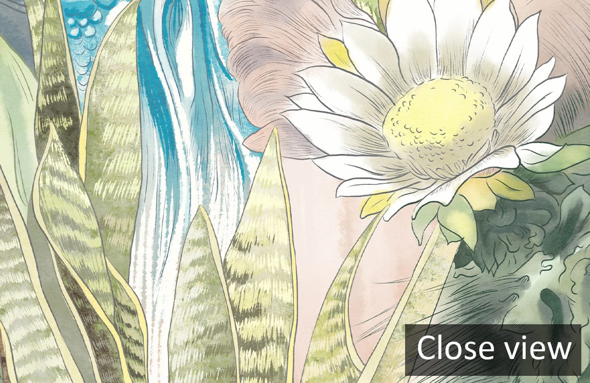 Close-up of Tropical Floral Fantasy Wallpaper with vibrant botanical design in soft pastel hues.