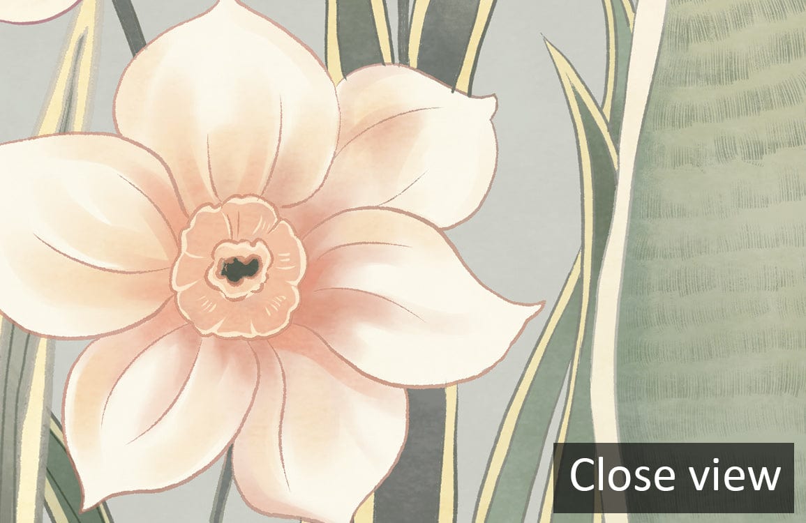 Close view of Pastel Blossom Meadow Mural Wallpaper featuring floral design with elegant butterflies.