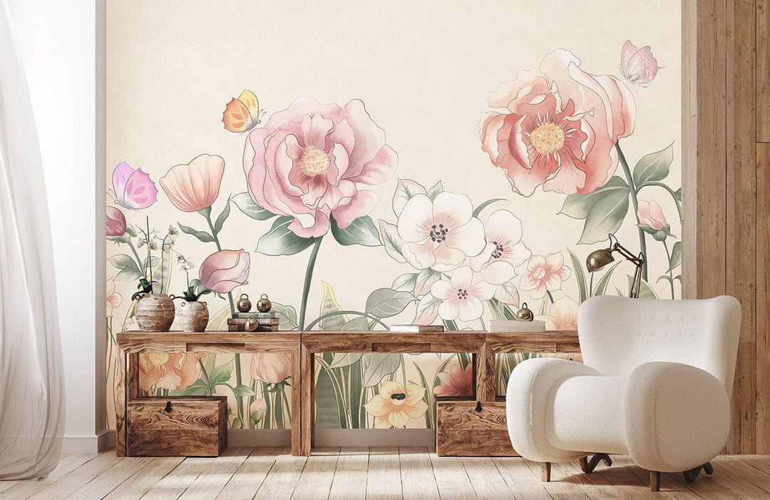 Vintage Pastel Floral Garden Mural Wallpaper: soft blooms, butterflies, elegant white armchair, rustic wooden floor.