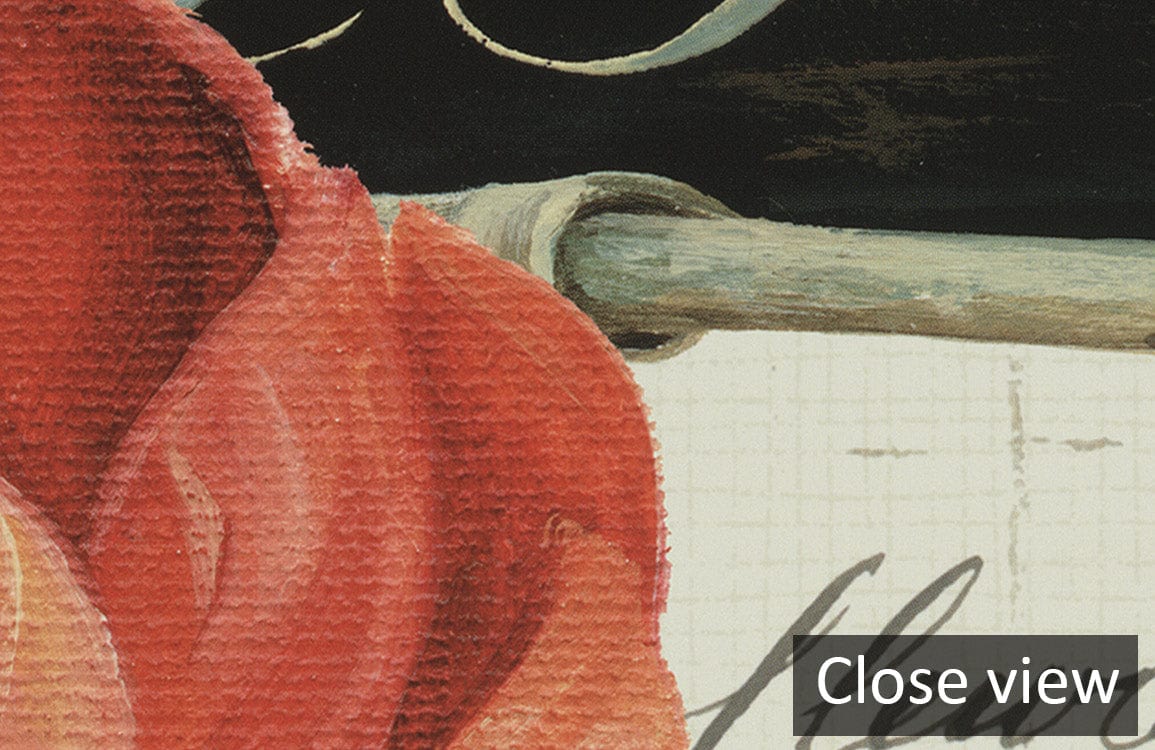 Close-up of vintage floral botanical mural wallpaper, warm red and cream tones; texture detail featured.
