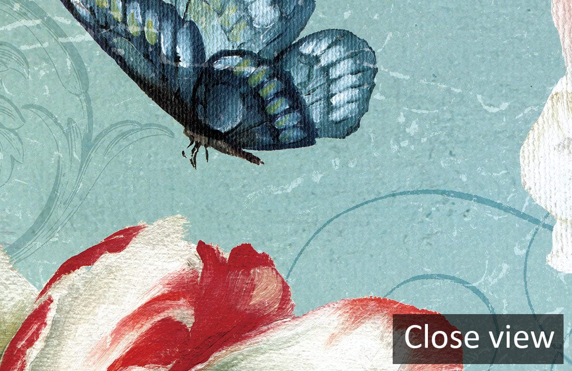 Close-up of vintage floral mural wallpaper featuring elegant butterflies on pastel green background.