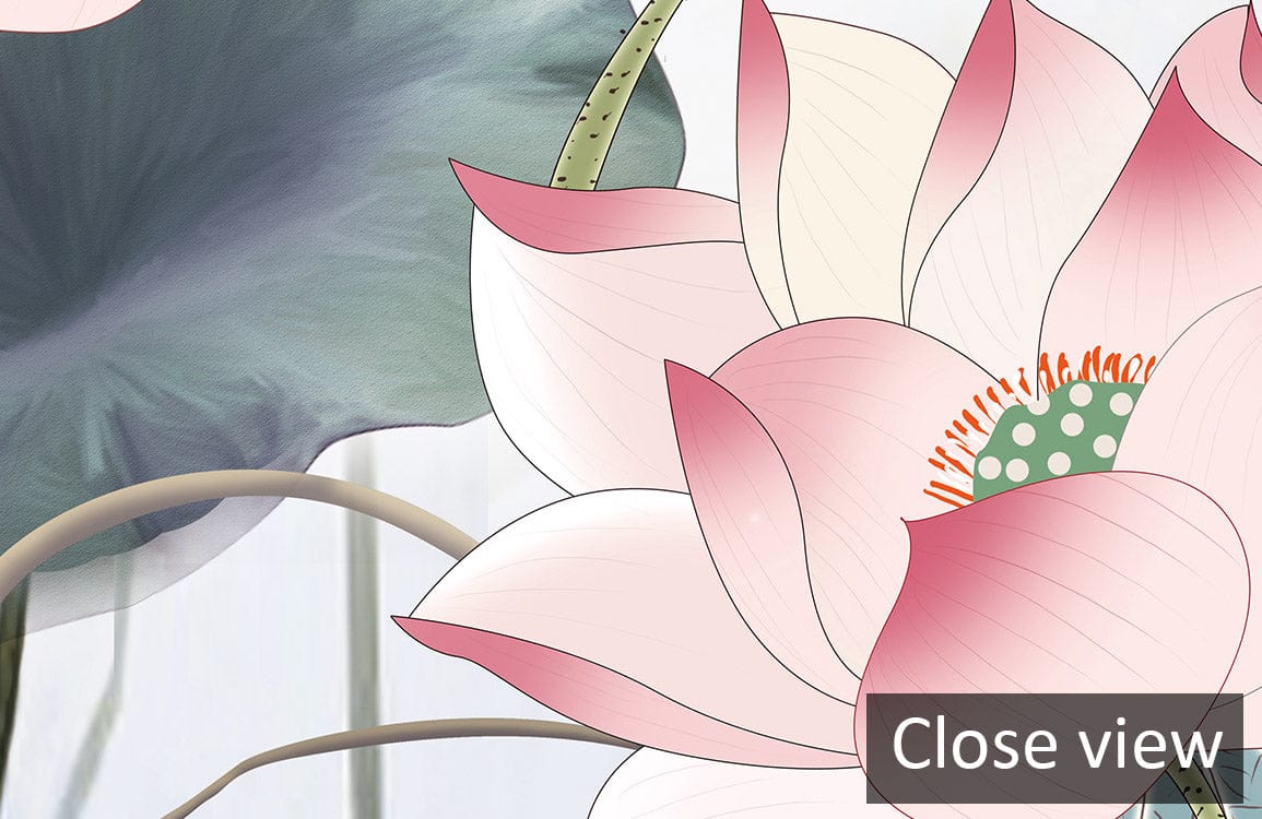 Close-up of Elegant Lotus and Kingfisher Watercolour Mural showing intricate pink and green floral design.