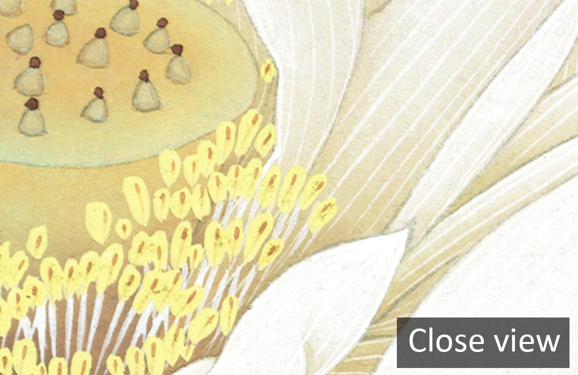 Close-up detail of Serene White Lotus and Green Leaf Mural Wallpaper, no additional decor visible.