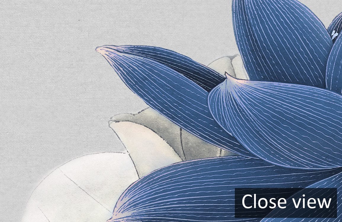Close-up of Elegant Blue Lotus Watercolour Mural Wallpaper featuring delicate blue petals and hummingbird.