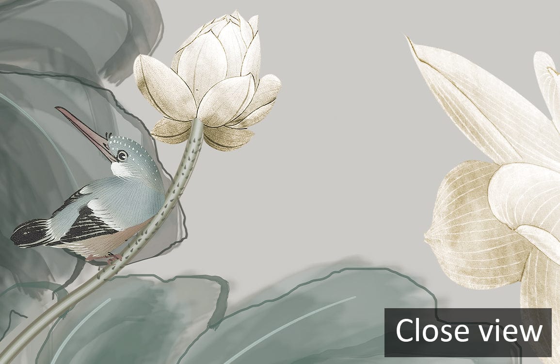 Elegant grey lotus flower mural wallpaper with bird accents, close-up view, artistic floral design.