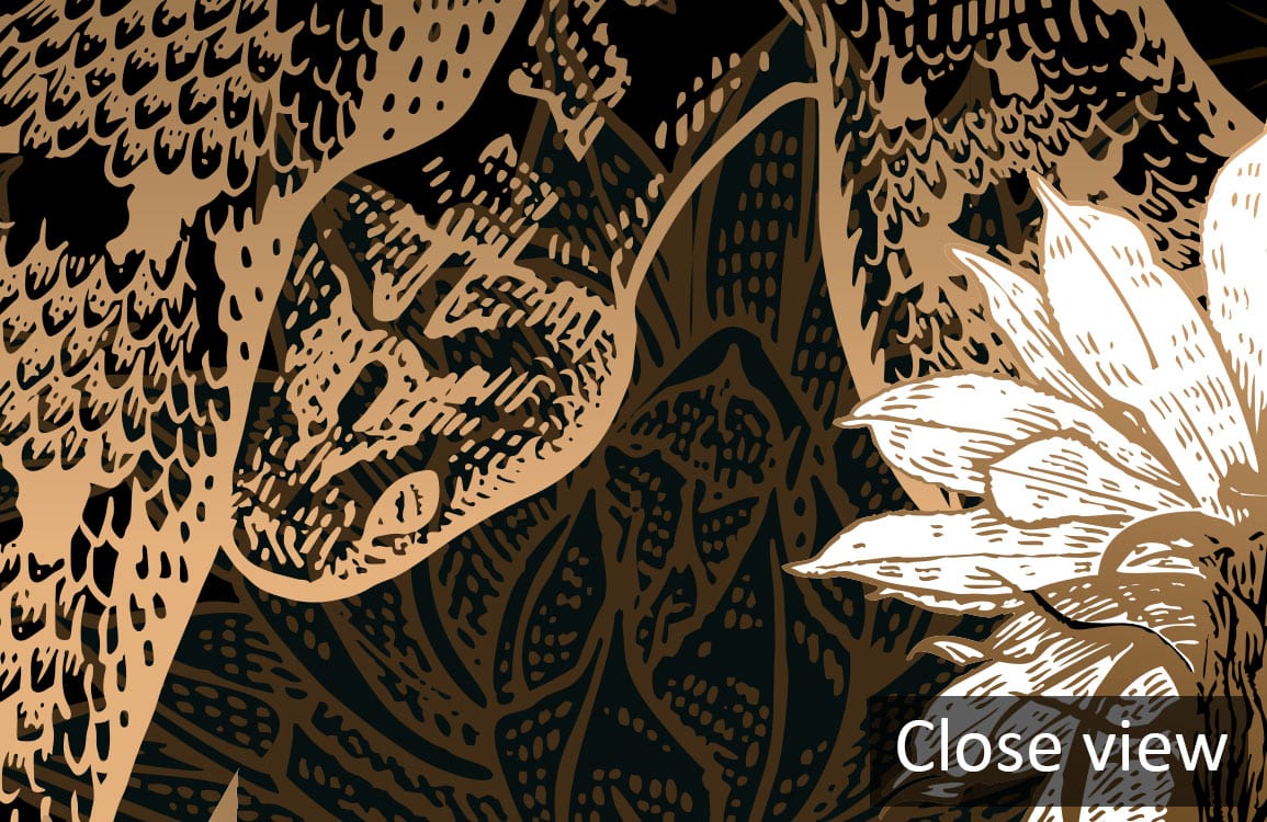 Exotic Snake Botanical Wallpaper, bold floral design, dark tones, detailed close-up, elegant pattern.