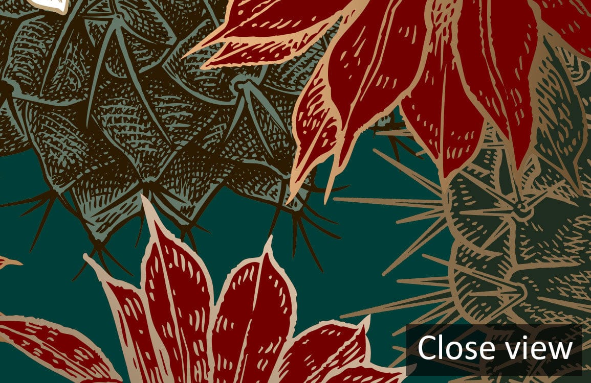 Exotic Botanical Cactus Floral Wallpaper, Green Red Mural Design, close-up view, intricate pattern details.