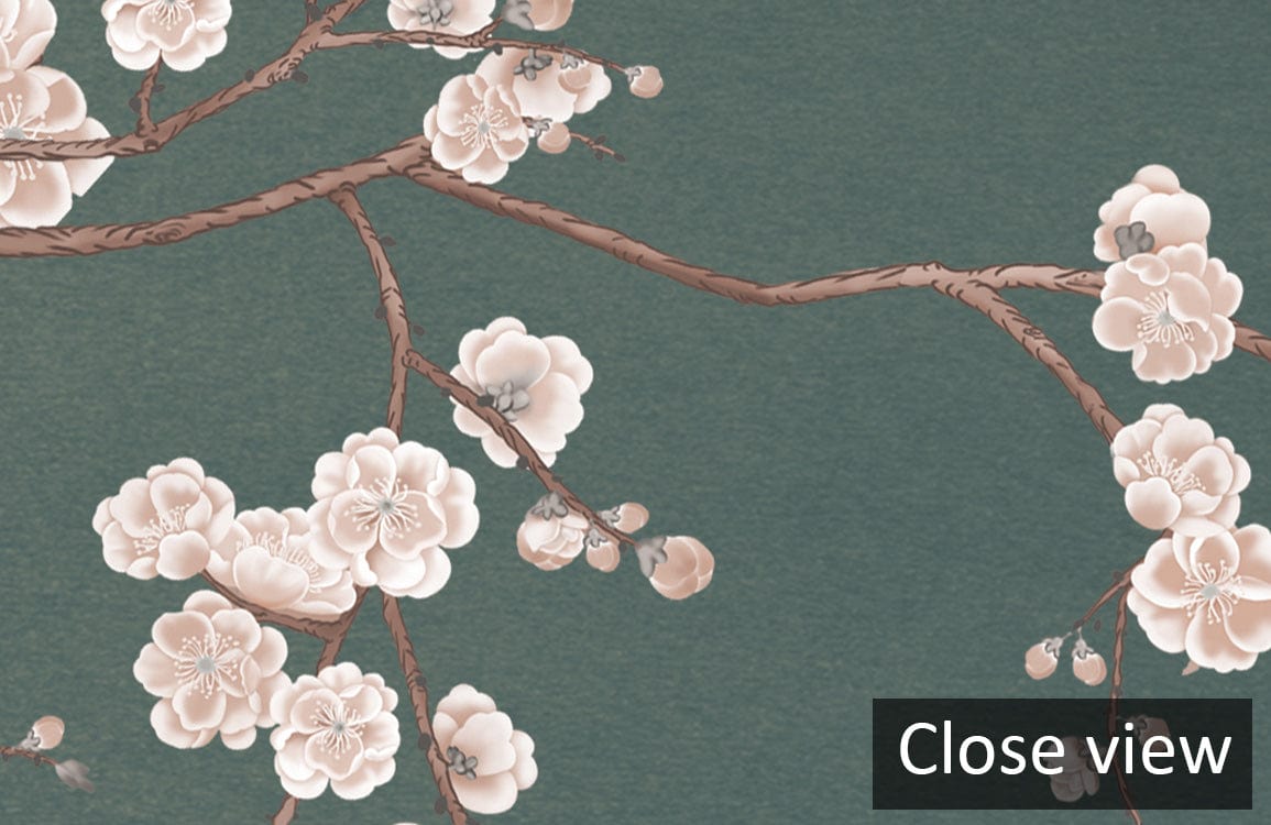 Close view of elegant dark green floral blossom wallpaper for stylish bedroom wall decor.