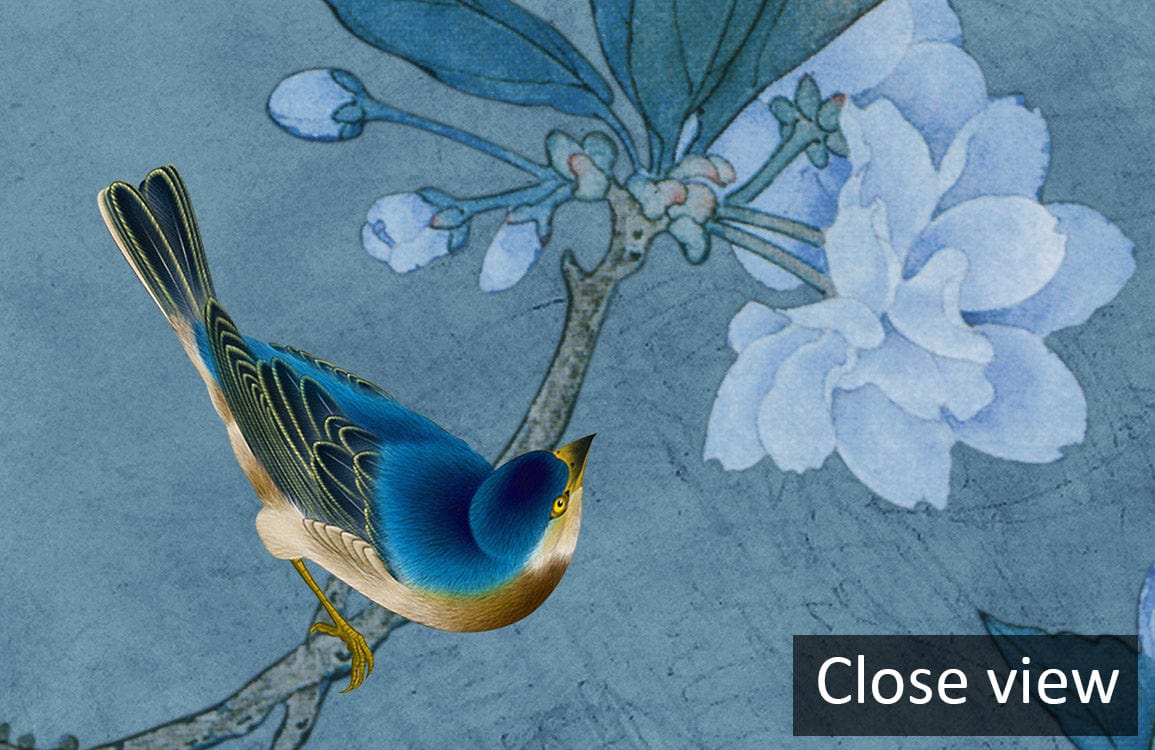 Close-up of Night Blossom Serenity wallpaper featuring blue floral patterns and a bird design.