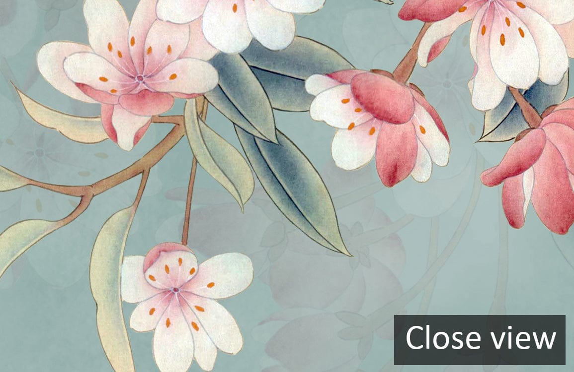 Close-up of Blossoming Cherry Tree Mural Wallpaper, pastel blue and pink elegance, botanical design, detailed view.