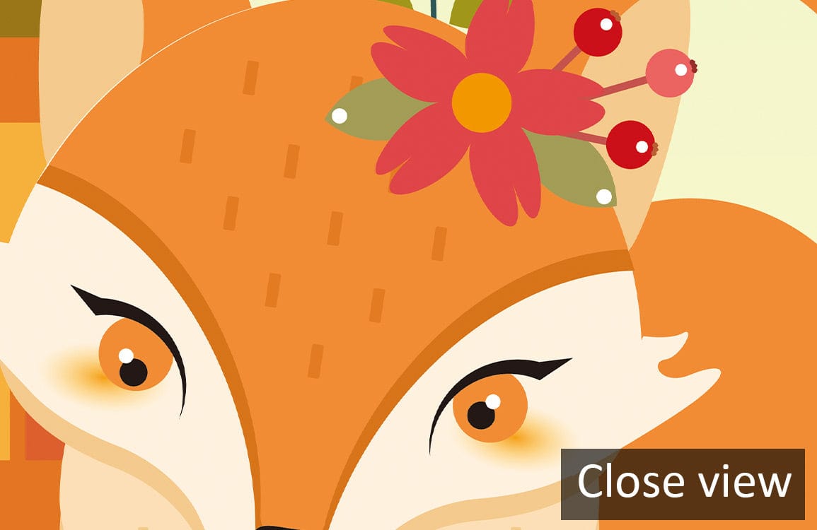 Close-up of whimsical fox design from kids' autumn forest animal mural wallpaper. Playful room decor.