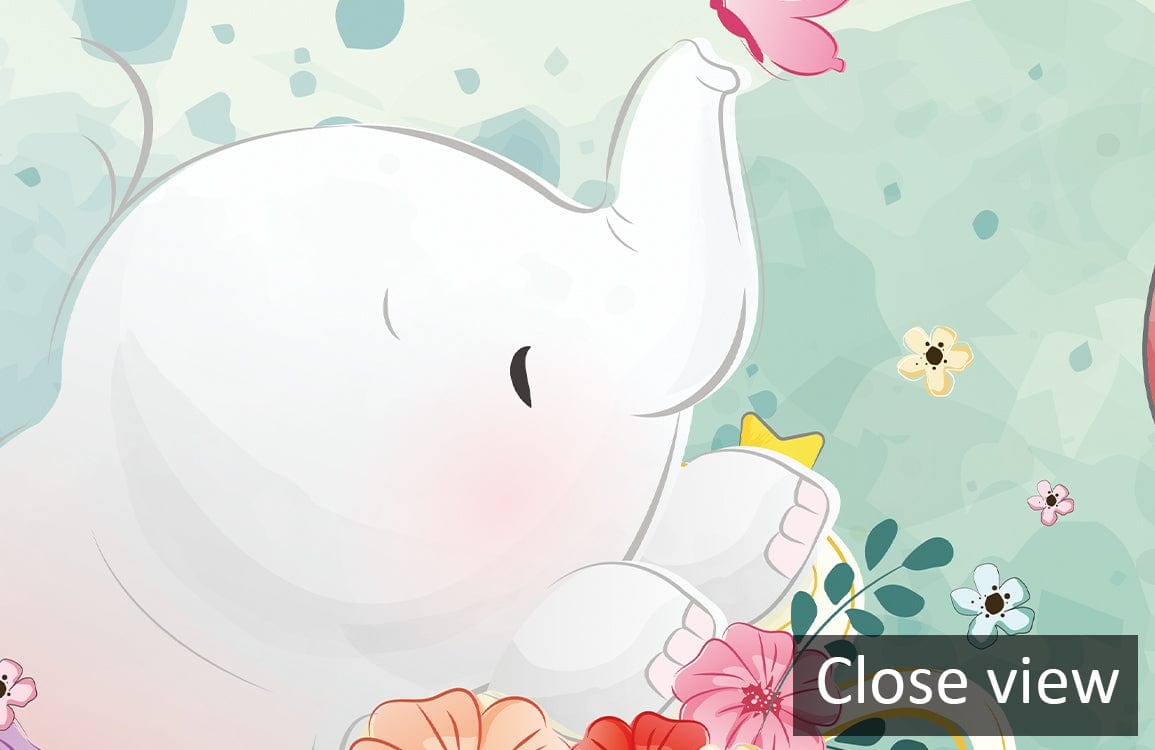 Close-up of pastel elephant mural wallpaper featuring stars and balloons, ideal for nursery Décor.