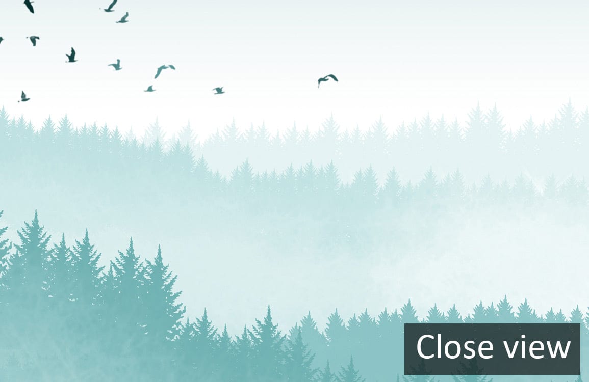 Tranquil Misty Forest Green Mural Wallpaper, serene nature retreat, close view, birds, misty trees.