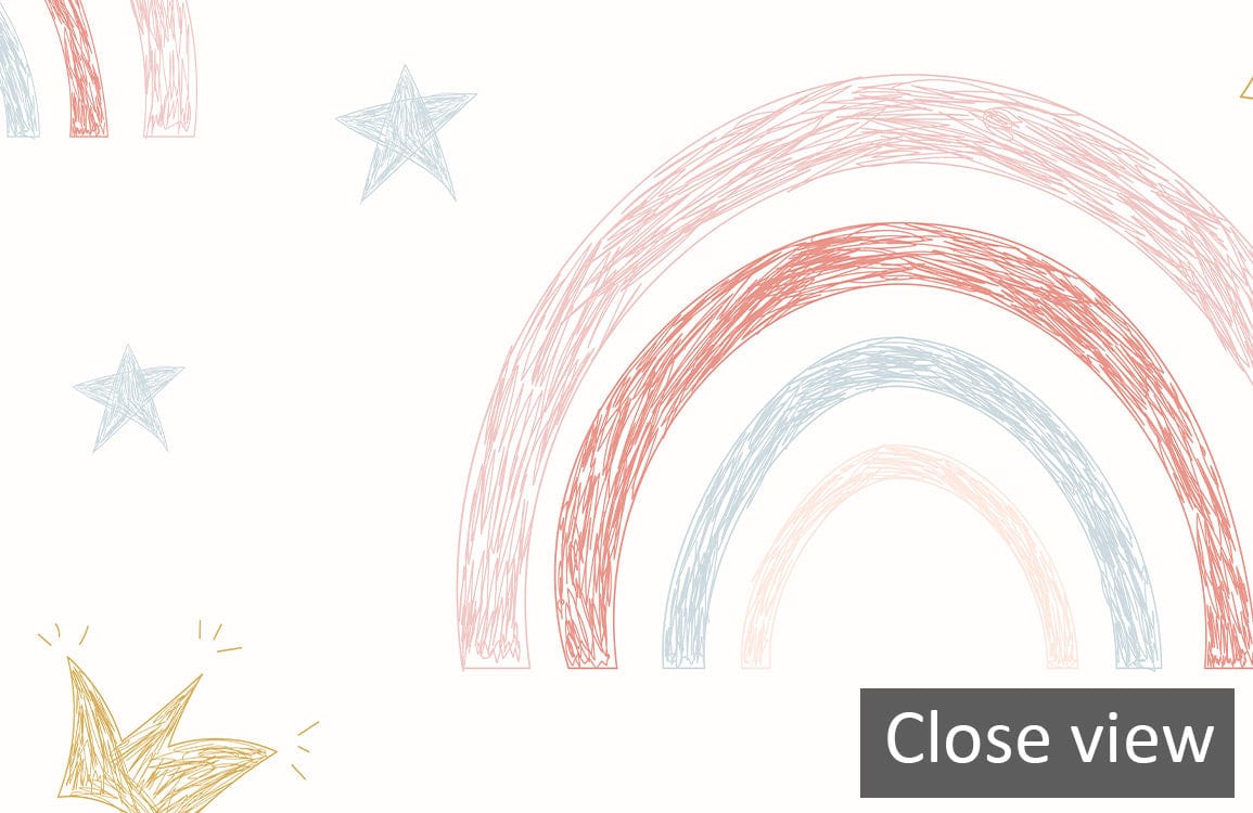 Whimsical pastel rainbow and gold crown wallpaper; ideal for children's room Décor. Close-up view.