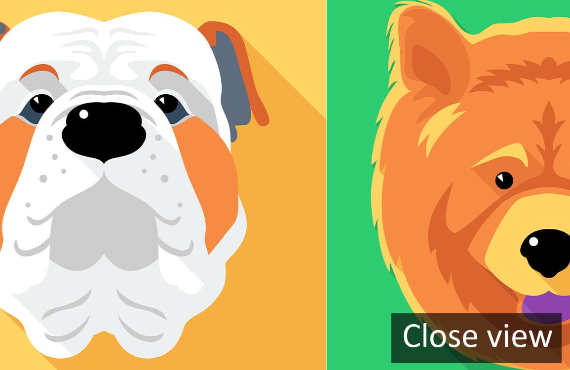 Colourful cartoon dog faces wallpaper for kids' rooms, yellow and green background, playful Décor.