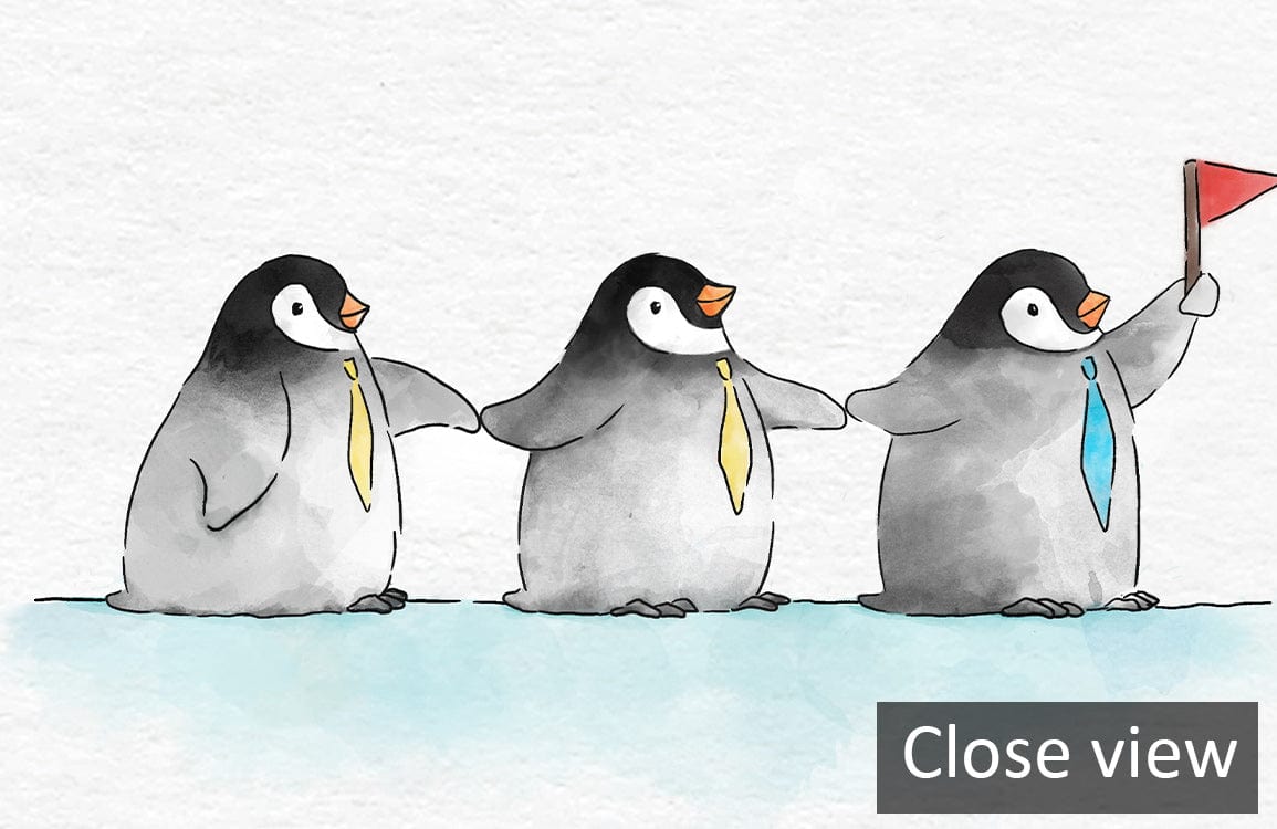 Charming penguin illustration wallpaper for children's nursery, playful cartoon style, adorable watercolour design.