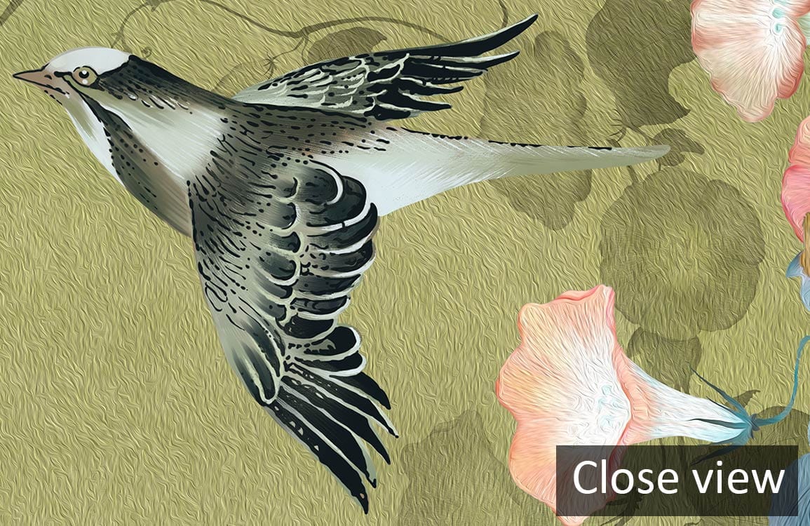 Close-up of Elegant Olive Green Floral and Bird Vintage Mural Wallpaper for sophisticated home decor.
