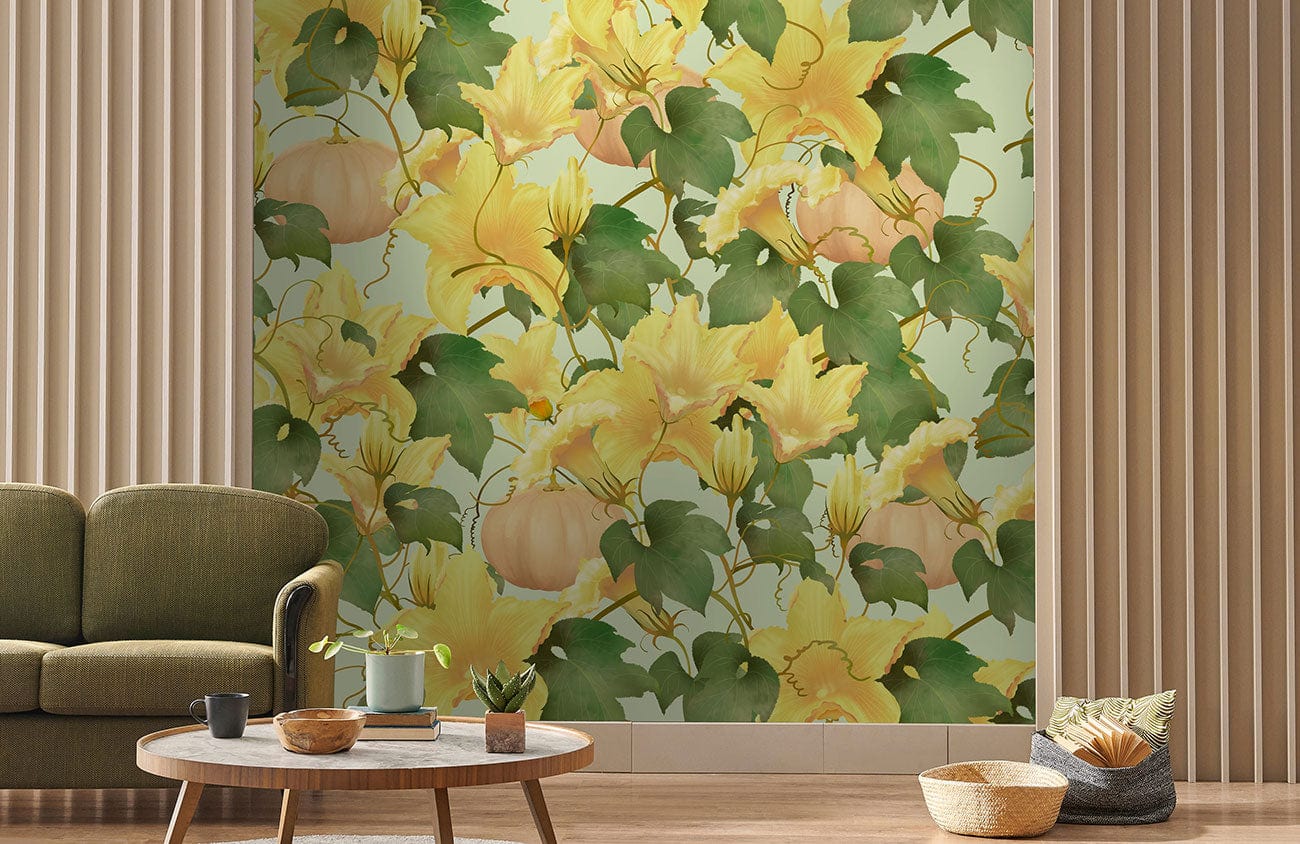 Autumn Pumpkin Vine Floral Wallpaper in botanical mural design; green sofa, wooden coffee table, neutral flooring.