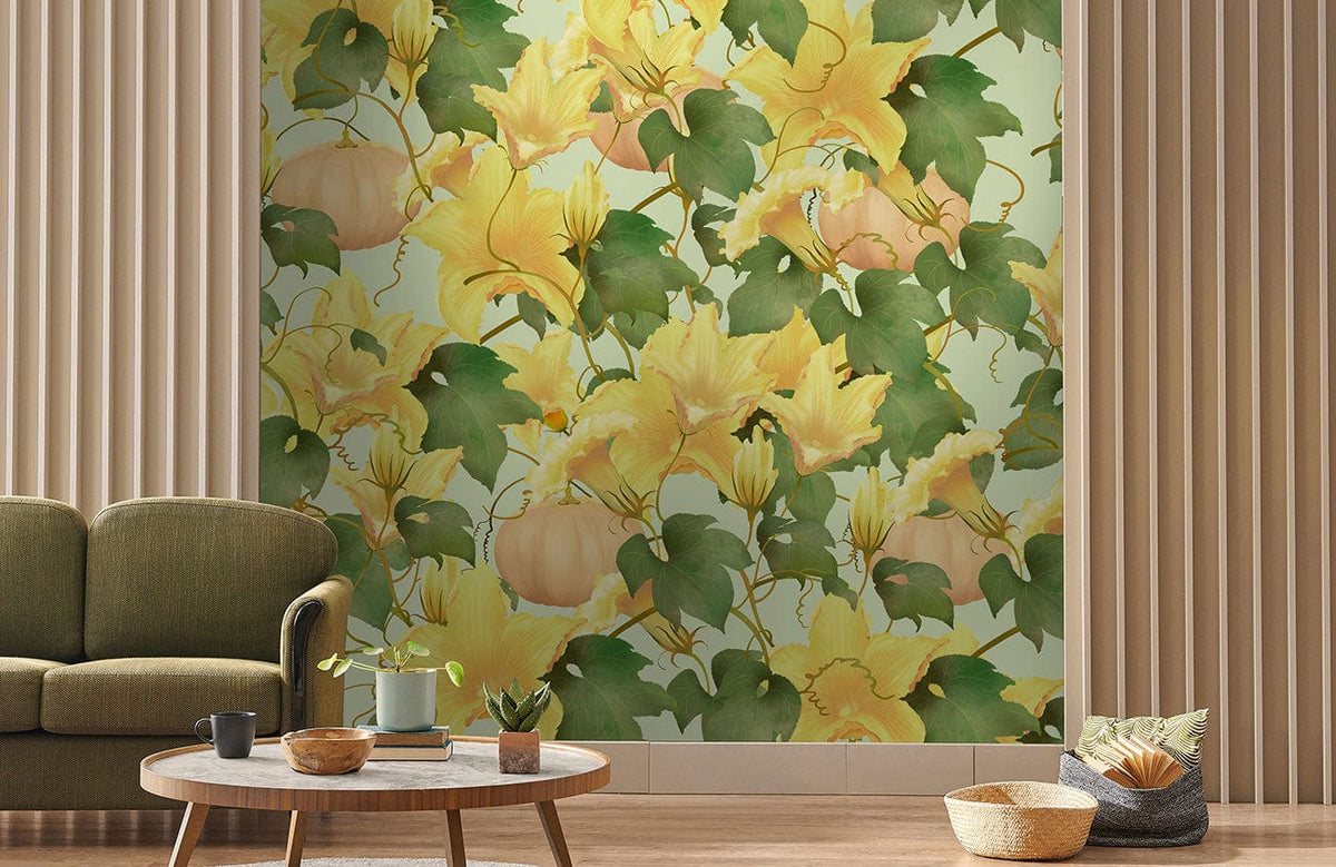 Autumn Pumpkin Vine Floral Wallpaper in botanical mural design; green sofa, wooden coffee table, neutral flooring.