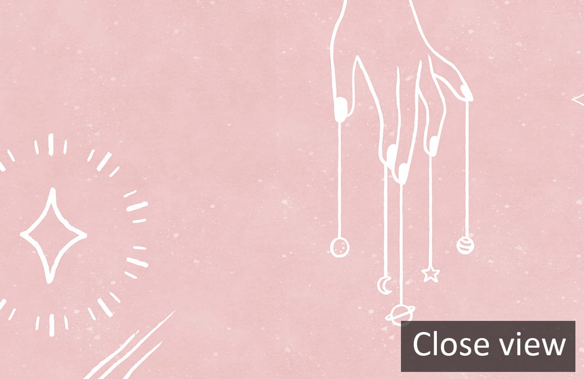 Celestial Pink Cosmic Wallpaper with Hand-Drawing Mystical Space Theme Decor, close-up view.
