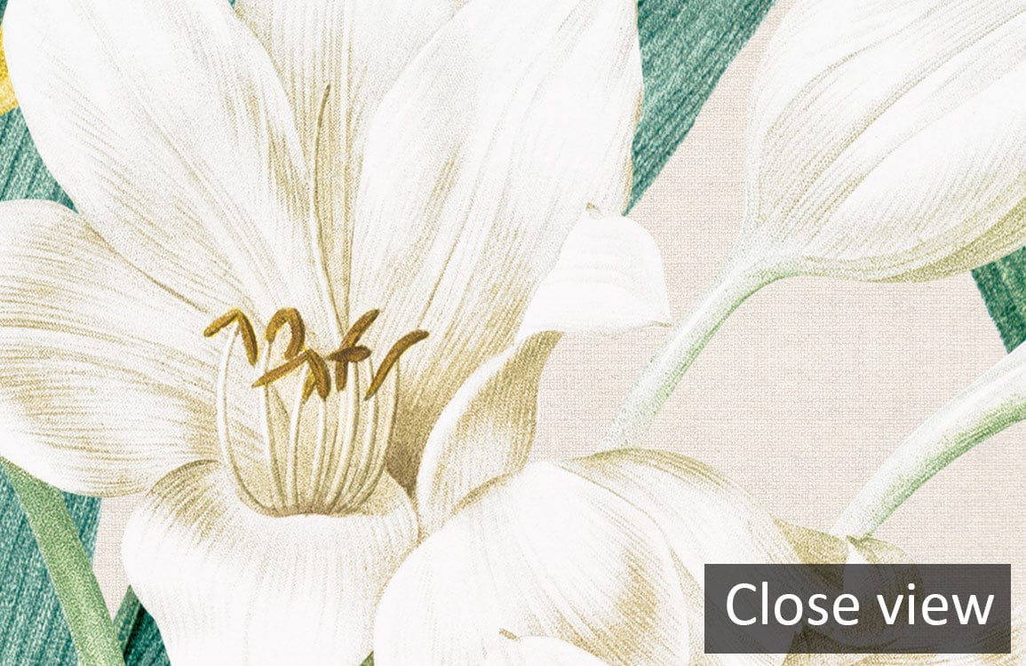 Close-up of Tropical Garden Paradise Floral Mural Wallpaper showcasing detailed botanical design with white flowers.
