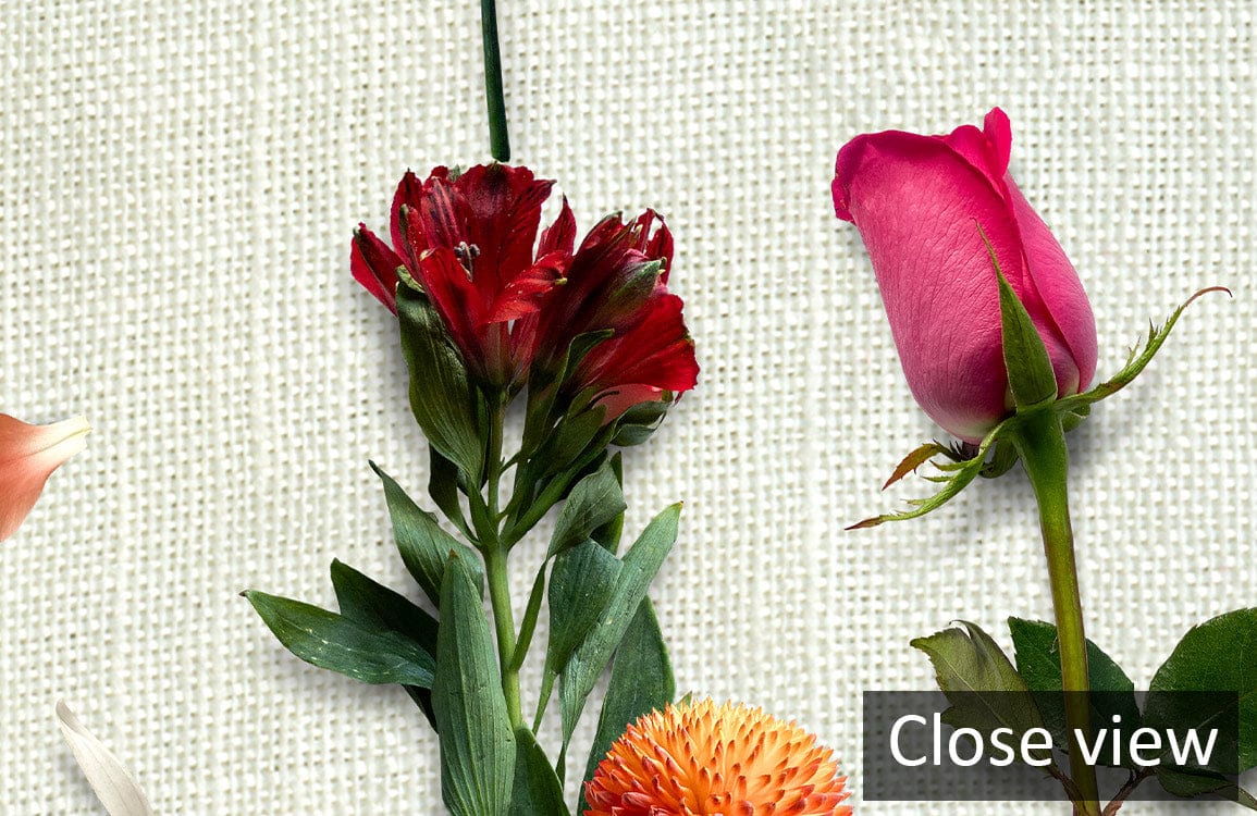 Close view of floral garden mural wallpaper with vibrant flowers on textured background.