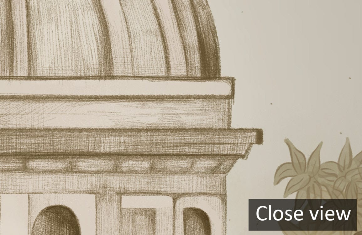 Majestic Sepia Dreamscape mural wallpaper close-up, showcasing classical architecture design in elegant detail.