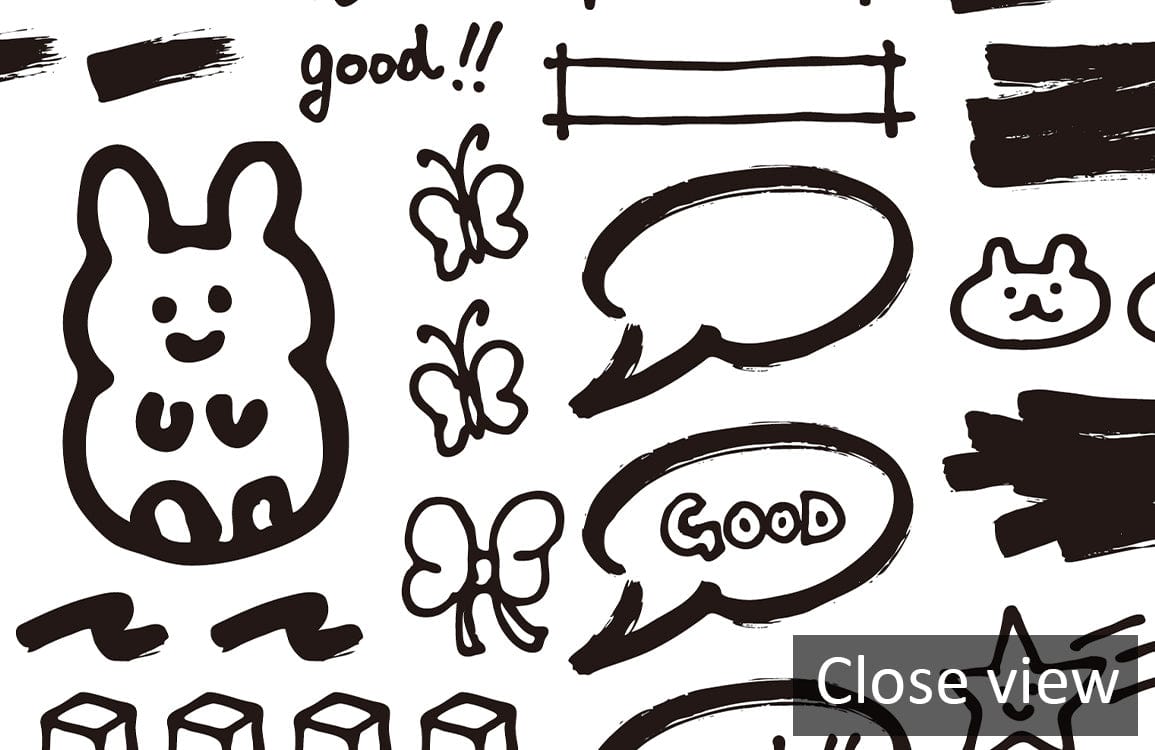 Monochrome Doodle Chaos Modern Mural Wallpaper with cute illustrations, featuring abstract black and white design.