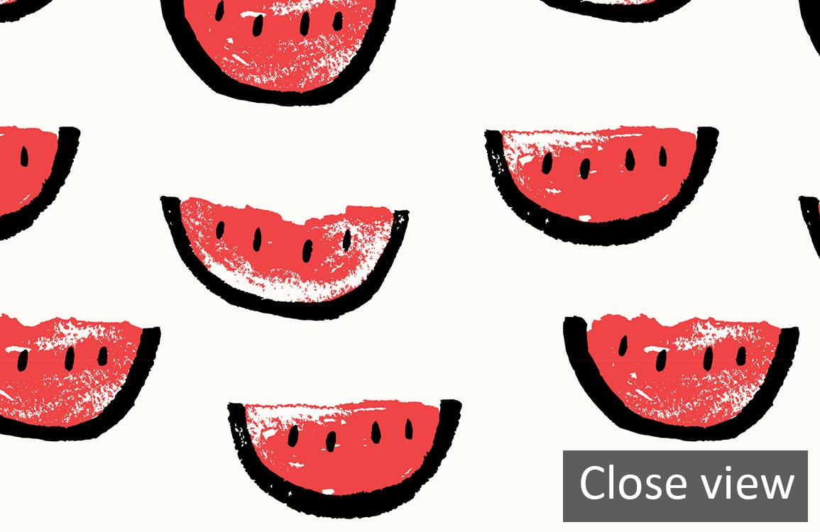 Playful red watermelon pattern wallpaper for summer interiors; vibrant design, close view, no background.