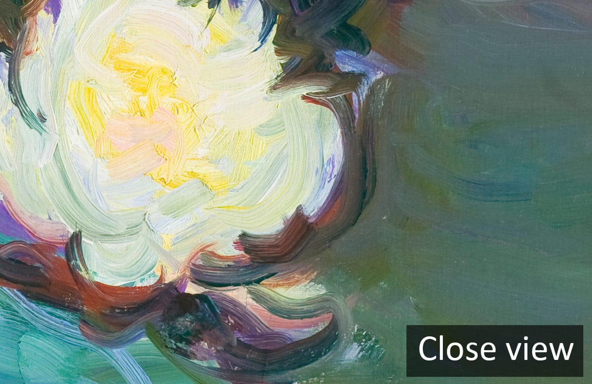 Impressionist Water Lilies Mural in serene green, soft pastels, close-up detail view, artistic strokes.