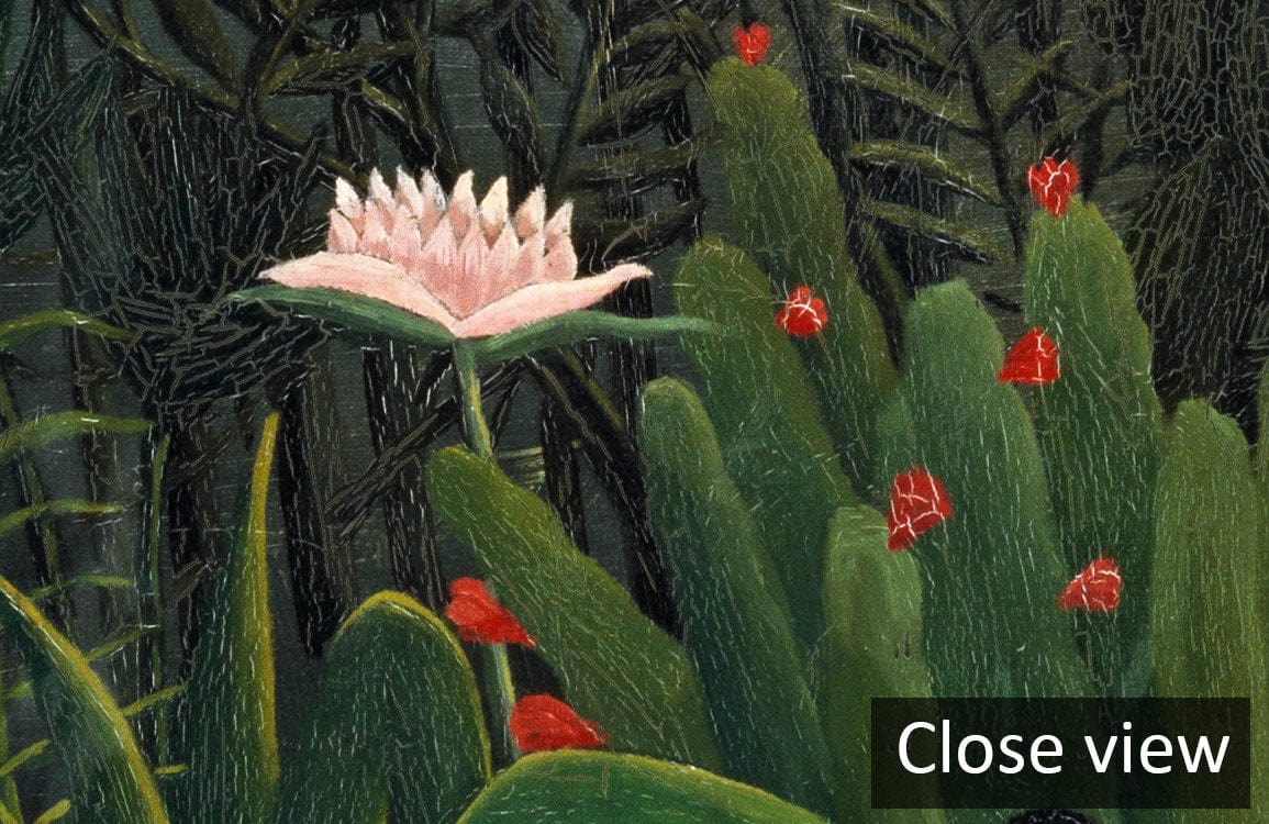 Close-up of vibrant jungle mural with lush greenery and striking red sun; detailed floral design.