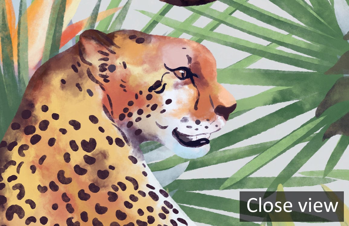 Close-up of Tropical Jungle Leopards Wallpaper with vibrant green botanical design and safari mural elements.
