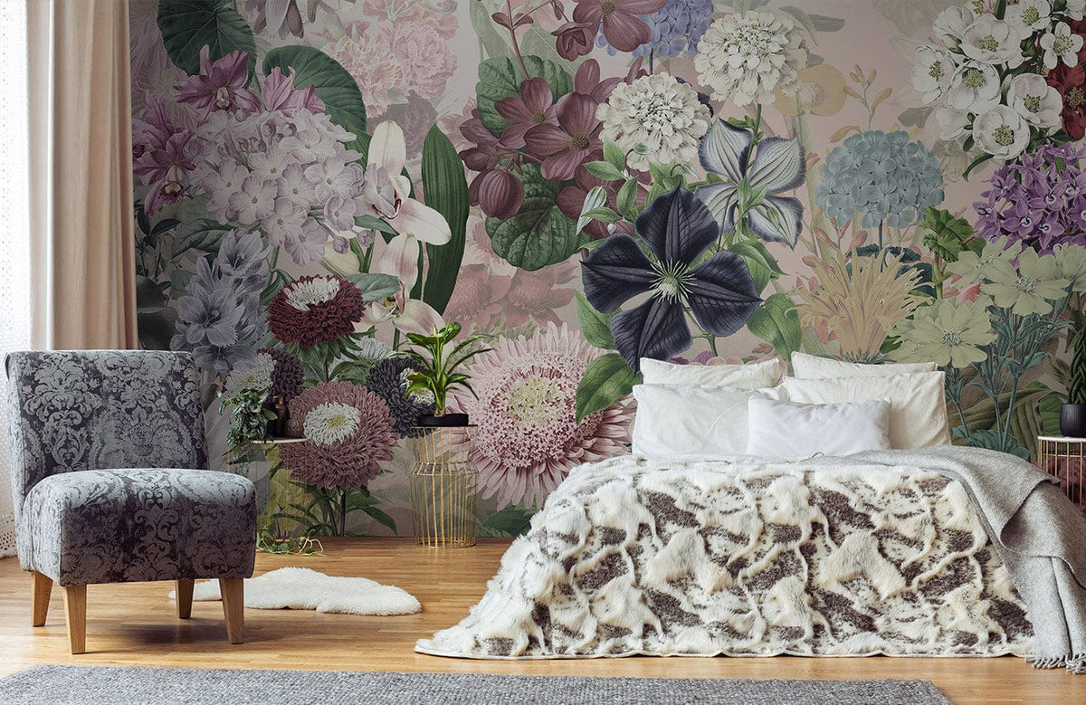 Vintage Floral Garden Mural Wallpaper with grey armchair, wooden flooring, and soft-hued bedroom setting.