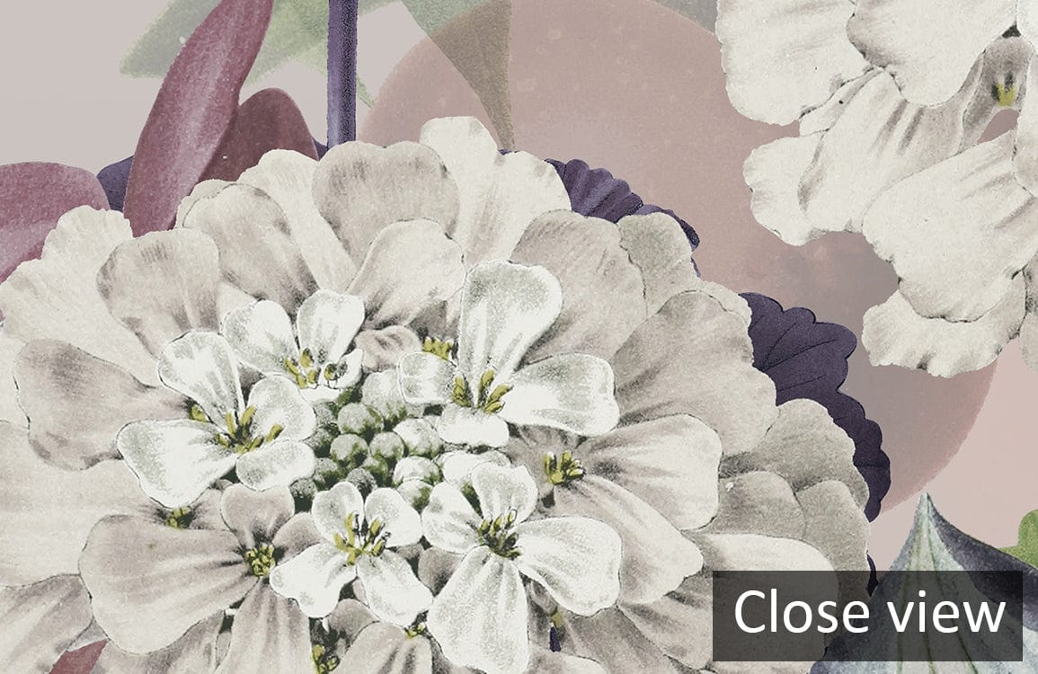 Close-up of Vintage Floral Garden Mural Wallpaper in soft pastels, jewel tones; floral pattern detail.