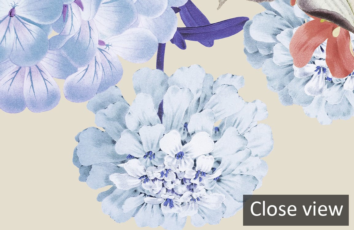 Pastel Floral Garden Mural Wallpaper with soft botanical design, featuring delicate flower patterns. Close view.