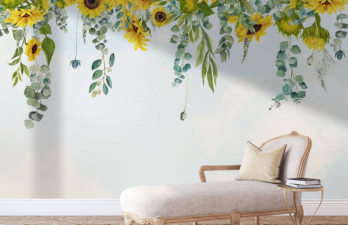 Elegant lounge with Sunny Floral Bliss botanical wallpaper, featuring sunflowers, chaise longue, parquet flooring.