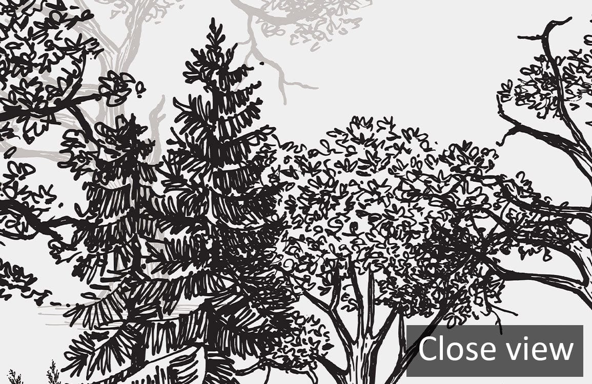 Close view of Monochrome Woodland Landscape Mural Wallpaper featuring elegant nature-inspired tree design.