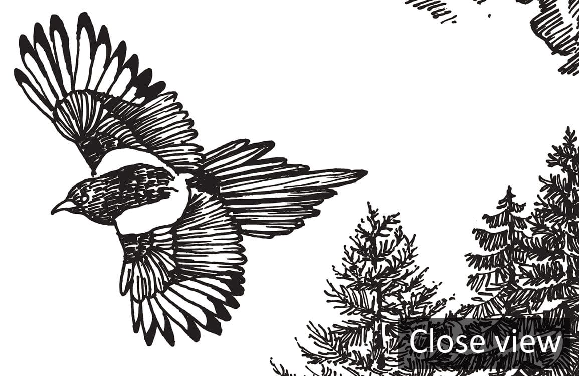 Close-up of Vintage Woodland Toile Wallpaper, monochrome nature scene with birds and trees, black and white.