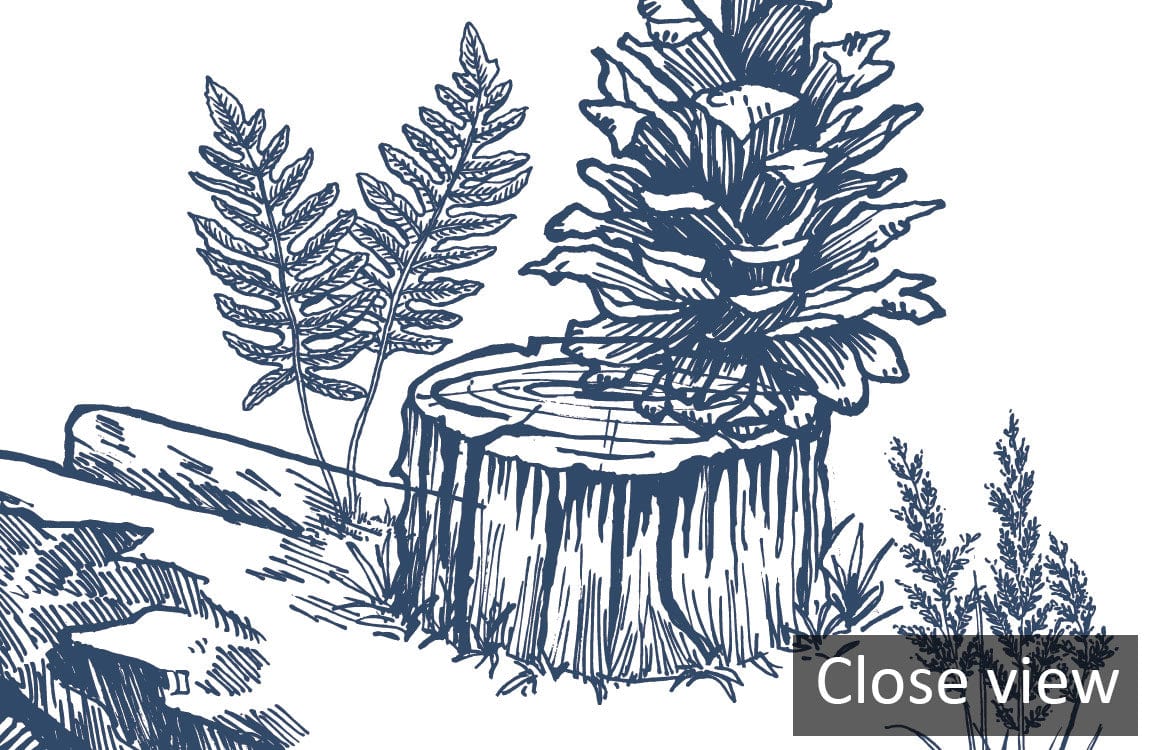 Close view detail of wallpaper with navy and white forest and nature motifs, high-quality decor.