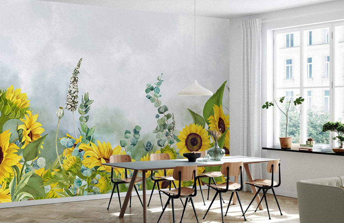 Sunflower Bliss vibrant floral mural in dining room with modern chairs, light wood floor, white curtains.