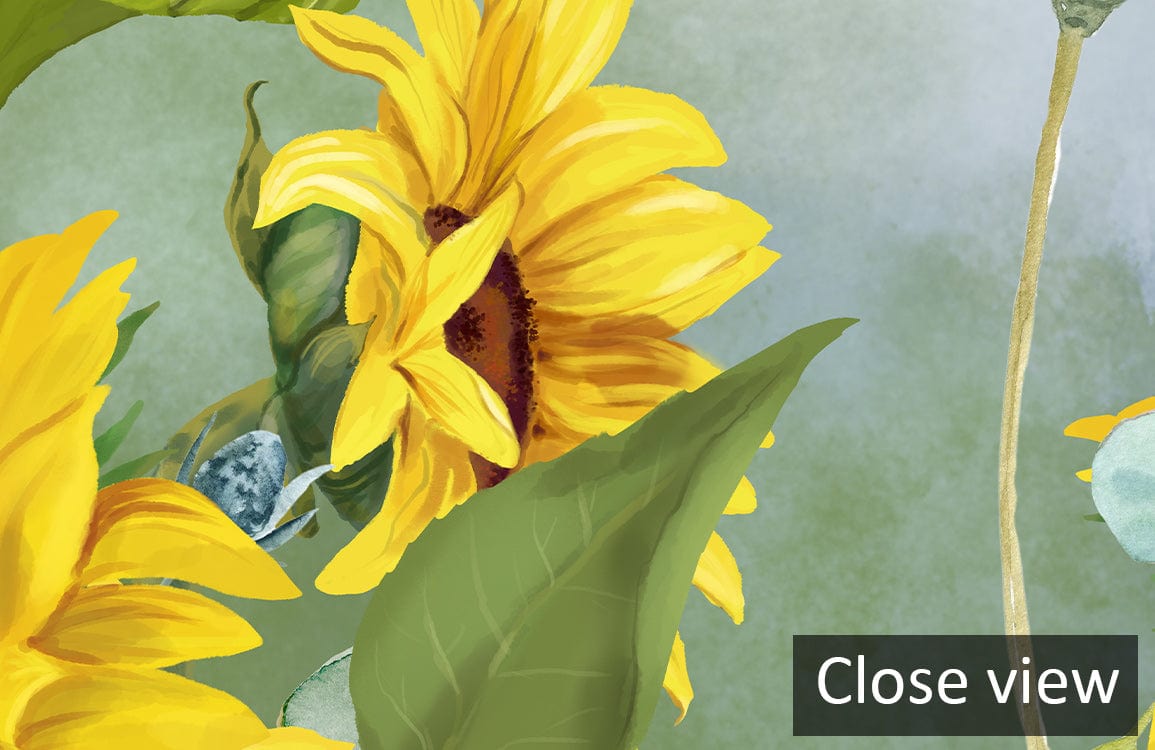 Sunflower Bliss vibrant yellow floral wallpaper close-up with serene green background, detailed leaves.