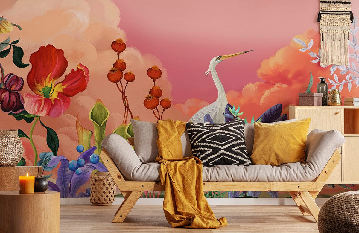 Exquisite floral heron mural with sofa, pastel wall, cosy living space, and natural wood flooring.